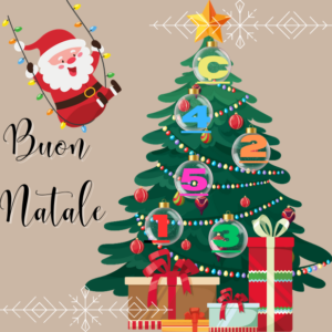 Buon Natale. Albero di natale con Babbo natale in altalena. Sotto l'albero dei pacchi regalo e sull'albero le palle di natale