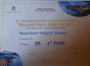8° concorso internazionale musicale - Attestato "Bellano Paese degli artisti" 99/100