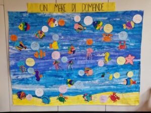 Cartellone con pesci di tanti colori e fumetti con domande