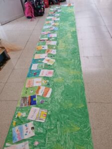 cartellone verde con appoggiati fogli disegnati dai bambini