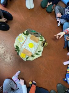 mandala appoggiato al pavimento. Al centro del mandala è disegnato un sole