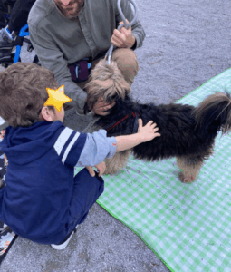 un bambino accovacciato accarezza un cane
