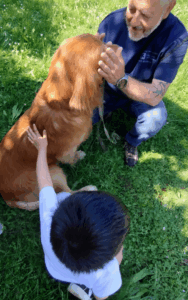 un adulto vicino ad un cane seduto per terra. Un bambino accarezza il cane