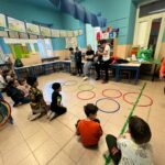cerchi colorati in terra, intorno bambini seduti